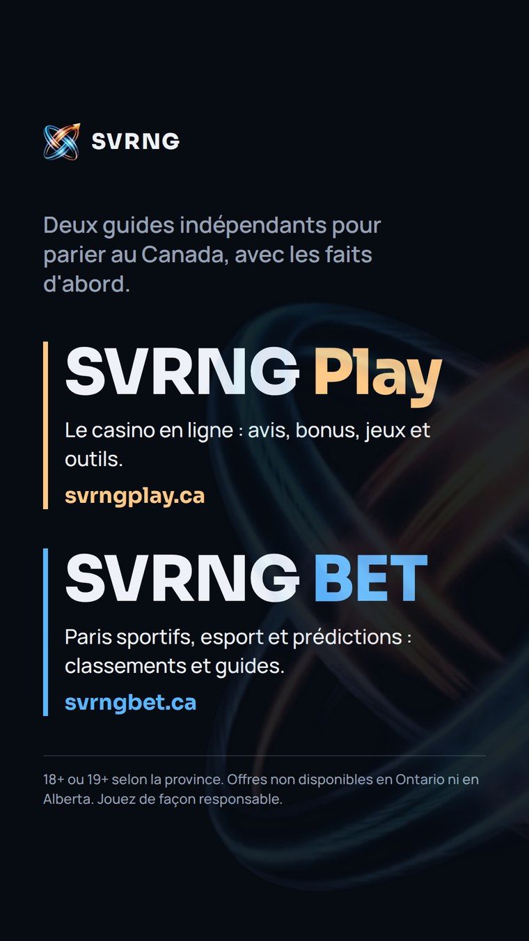 SVRNG promotional graphic: SVRNG Play, online casino (svrngplay.ca), and SVRNG BET, sports betting, esports and predictions (svrngbet.ca). 18+ or 19+ depending on the province.